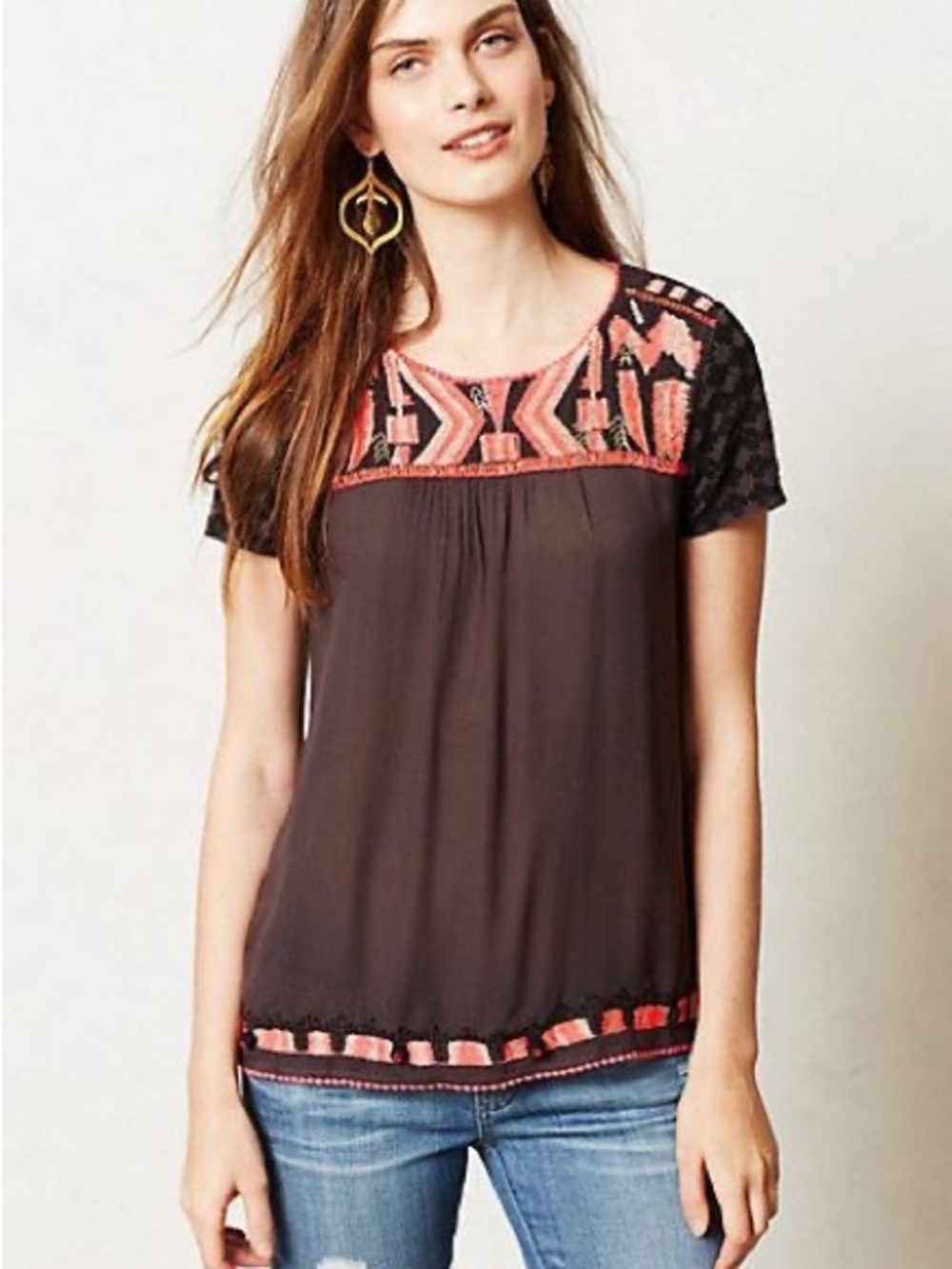 Moth Black Blouse with Coral Embroidered Yoke